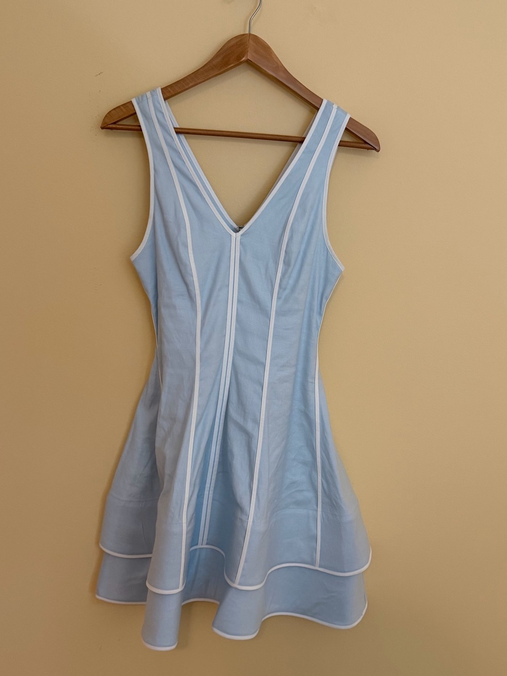 Maeve Linen Blend Blue V‑Neck Layered Hem Mini Dress - Picture 4 of 9